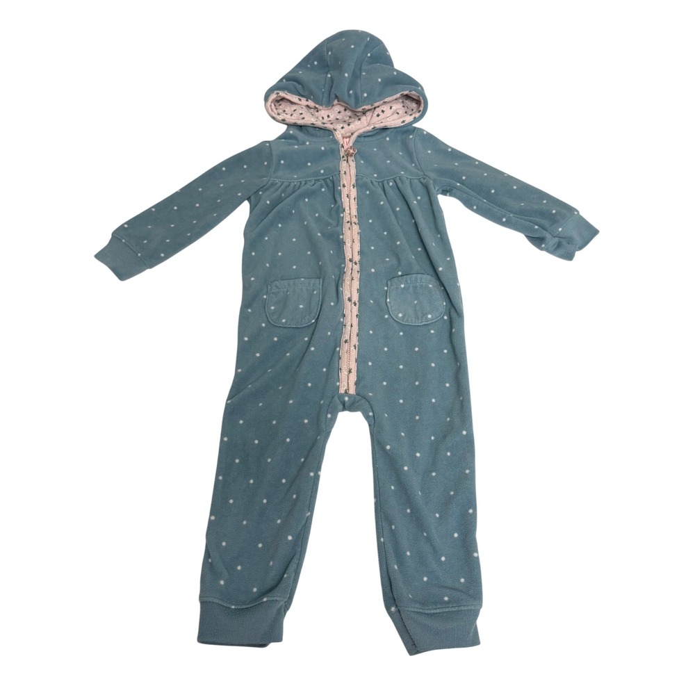 Carters Baby Girl 18M Blue Polka Dot Fleece Hooded Jumpsuit Romper Cat Back Zip - Picture 1 of 8